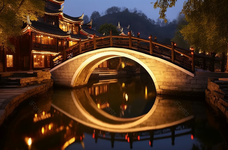 古镇夜晚拱桥的倒影背景图,高清,摄影图,摄影图片,图片大全,摄影图免费下载